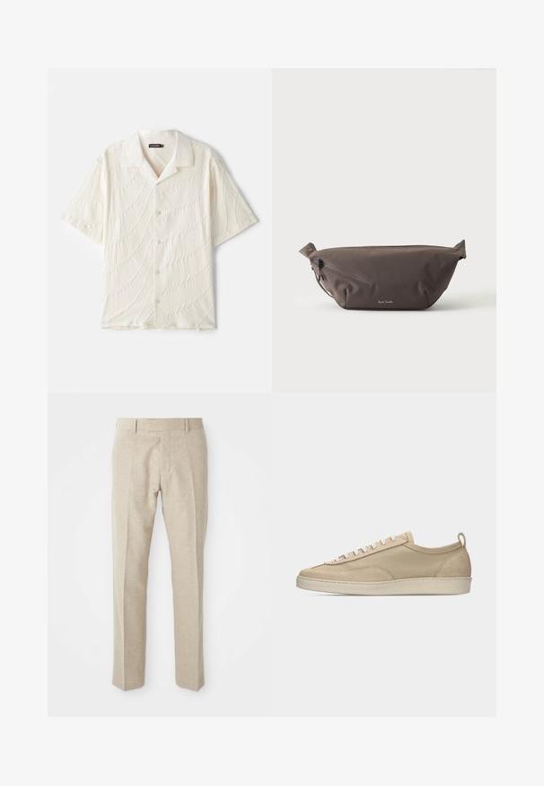 Kortærmet skjorte med knapper i off-white, der har et tekstureret stof med bølgelignende mønstre og en klassisk krave.; Beige skræddersyede bukser lavet af tekstureret stof, med flad front, lige ben og en traditionel talje med bæltesløjfer.; Beige lavtop sneakers med overdel i stof og ruskind, hvide snørebånd, gummisål og hælstrækkehank, vist i sideprofil på hvid baggrund.; Mørkebrun stof talje taske med diagonalt lynlåslomme og lille hvidt logo på fronten, sat mod en ensfarvet lys baggrund.