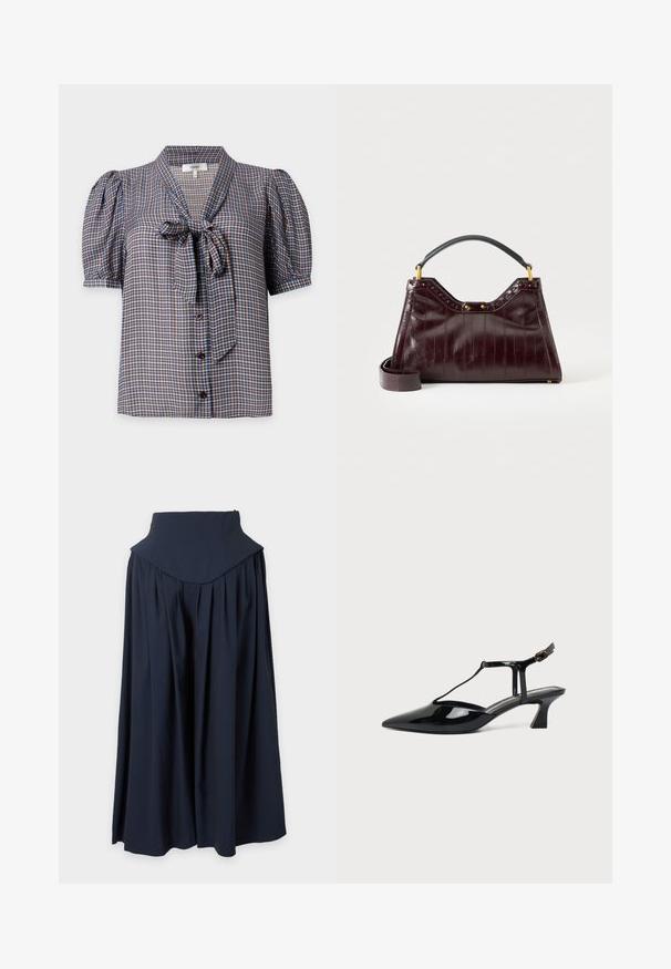 Blouse à manches courtes boutonnée avec un motif à carreaux bleu et marron et un nœud noué au col.; Jupe longue taille haute bleu marine foncé avec une large ceinture et des plis doux, s'étendant jusqu'à un ourlet longueur totale.; Chaussure slingback en cuir verni noir à bout pointu avec bride en T et petit talon bloc incliné sur fond blanc.; Sac à main en cuir bordeaux foncé avec motif texturé, poignée supérieure noire, accessoires dorés et bandoulière amovible sur fond blanc.