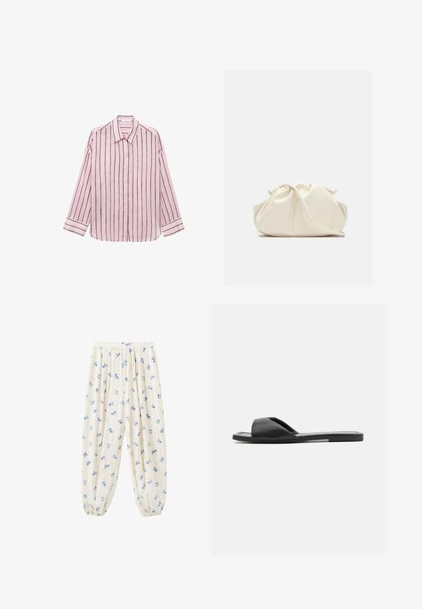 Camisa de botones de manga larga color rosa claro con rayas verticales negras, cuello clásico y mangas con puños. Tejido suave con una textura lisa.; Pantalones sueltos de color crema con estampado floral azul, fruncidos en la cintura y con puños elásticos en los tobillos.; Las chanclas negras cuentan con un material sintético suave, diseño de punta abierta y una suela plana con una tira de acento mínima en el costado.; Bolso de mano de cuero suave de color crema con diseño fruncido y plisado y una delgada correa para el hombro que descansa delante sobre un fondo liso.