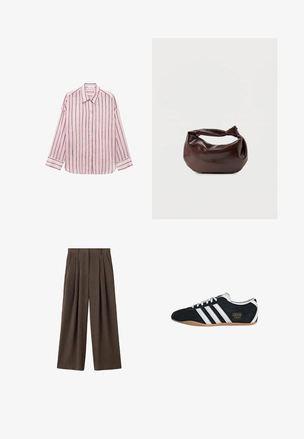 Camisa de botones de manga larga color rosa claro con rayas verticales negras, cuello clásico y mangas con puños. Tejido suave con una textura lisa.; Pantalones marrones de pierna ancha con tejido texturizado, pinzas en la parte delantera, trabillas para el cinturón y bolsillos laterales.; Zapatillas de ante negro con tres franjas blancas, logotipo dorado y suela de goma marrón. Presentan un diseño de cordones de perfil bajo.; Bolso de hombro de cuero marrón oscuro con una forma suave y caída, y un asa con nudo torcido sobre un fondo blanco liso.