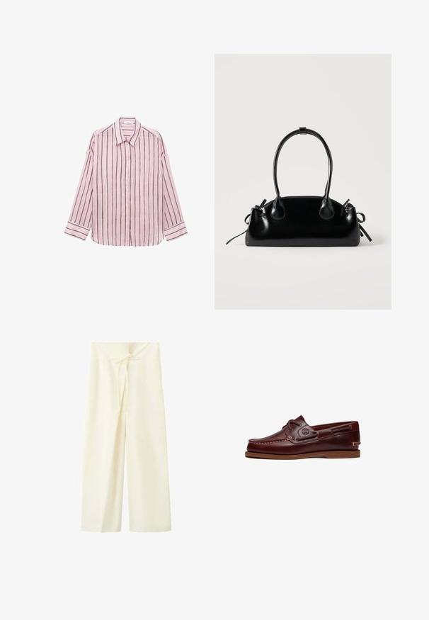 Camisa de botones de manga larga color rosa claro con rayas verticales negras, cuello clásico y mangas con puños. Tejido suave con una textura lisa.; Pantalones de pierna ancha de color crema con cintura alta y detalle de lazo delantero en la pretina.; Zapato náutico de cuero marrón con cordones, detalles de costura y logo de Timberland en el lateral, mostrado sobre un fondo blanco.; Pequeño bolso negro brillante con dos asas largas y detalles de cordón lateral sobre un fondo claro liso.