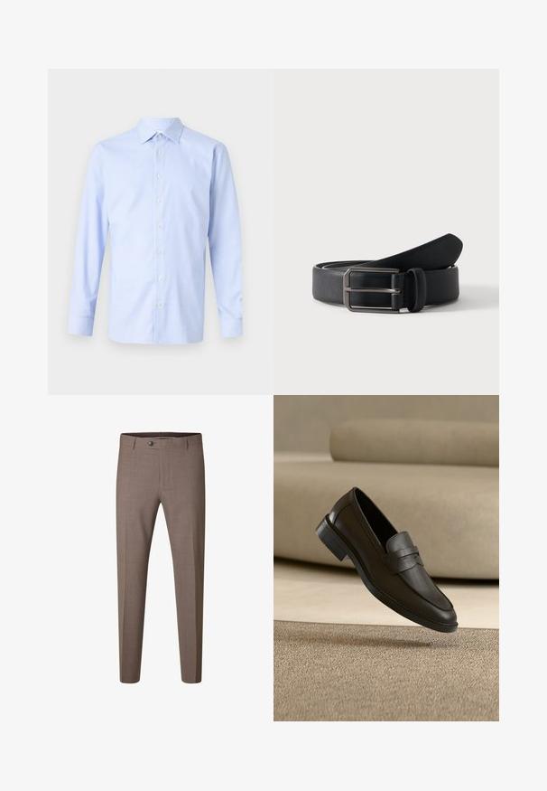 Lichtblauwe shirt met lange mouwen, voorzien van een geruit patroon, knoopsluiting aan de voorkant, puntige kraag en een subtiele textuur. Perfecte pasvorm met knoopmanchetten.; Bruine slim-fit formele broek met knoop en riemlussen, afgebeeld tegen een witte achtergrond.; Zwarte leren loafer die rust op een beige tapijt met een gebogen beige bank op de achtergrond.; Zwarte leren riem opgerold met een rechthoekige zilveren metalen gesp op een effen lichte achtergrond.