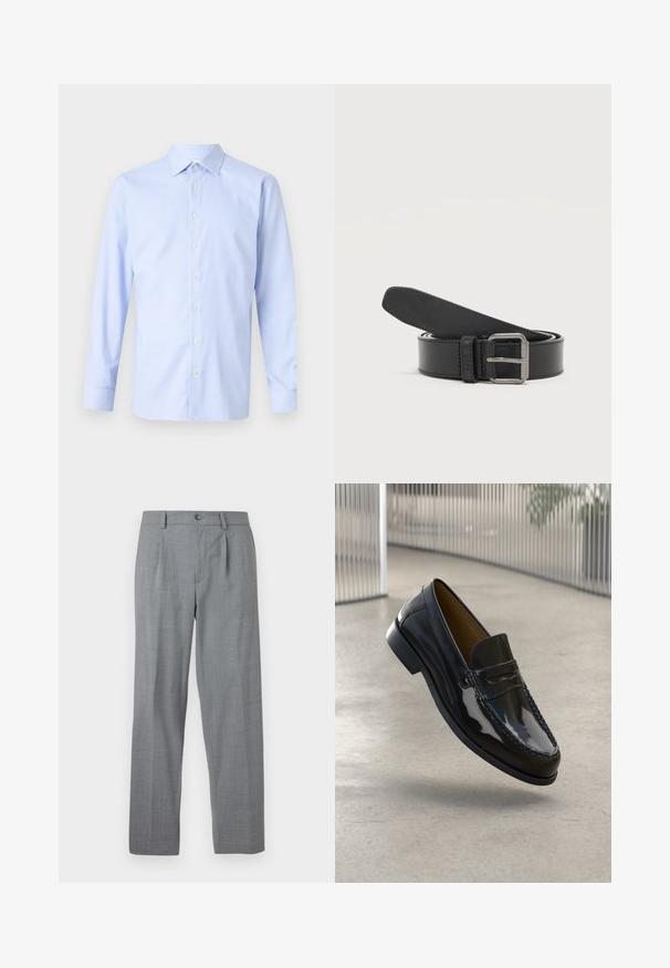 Camisa de manga larga azul claro con un patrón a cuadros, cierre de botones en la parte delantera, cuello puntiagudo y una textura sutil. Corte entallado con puños abotonados.; Pantalones grises con una tela texturizada, diseño de pierna recta y un solo botón frontal de cierre con detalles plisados.; Mocasín de charol negro con un acento de costura, punta redonda, tacón bajo y superficie suave, exhibido sobre un fondo neutro.; Cinturón de cuero negro enrollado con hebilla metálica rectangular plateada sobre un fondo liso claro.