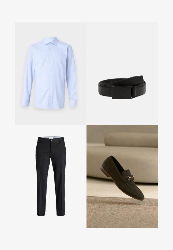 Lichtblauwe shirt met lange mouwen, voorzien van een geruit patroon, knoopsluiting aan de voorkant, puntige kraag en een subtiele textuur. Perfecte pasvorm met knoopmanchetten.; Zwarte slim-fit herenbroek met riemlussen, sluiting met een knoop aan de voorkant en rits, gelabeled "Jack & Jones Pants Studio."; Donkerbruine leren loafer met gouden metalen gesp, zwevend weergegeven boven een beige tapijt en bijpassende bank op de achtergrond.; Zwarte leren riem met een gladde textuur, voorzien van een rechthoekige matte zwarte gesp en een klassiek, minimalistisch ontwerp.