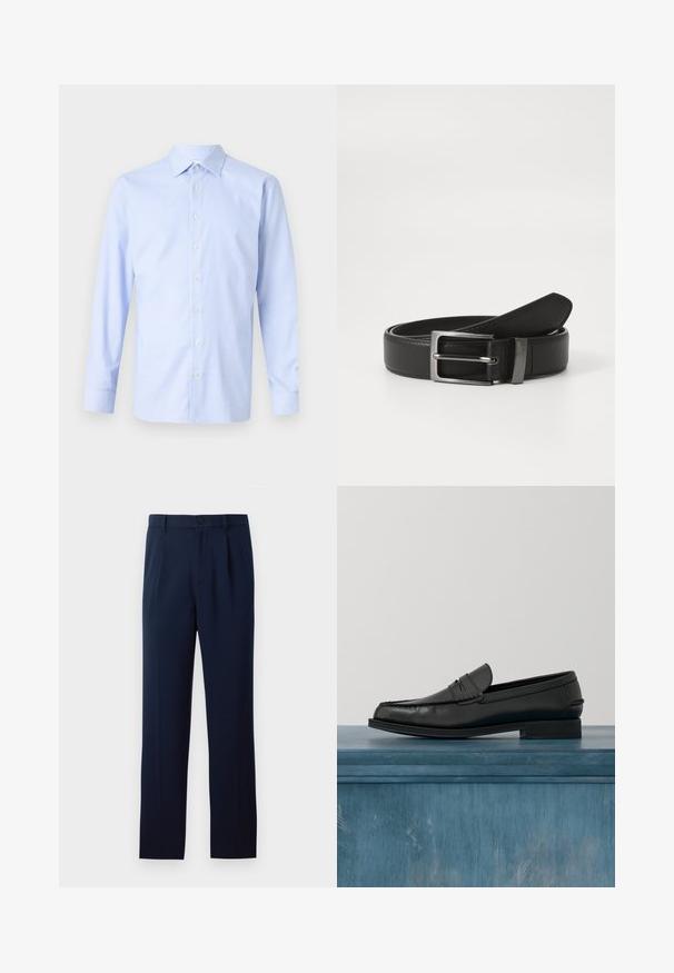 Lichtblauwe shirt met lange mouwen, voorzien van een geruit patroon, knoopsluiting aan de voorkant, puntige kraag en een subtiele textuur. Perfecte pasvorm met knoopmanchetten.; Marineblauwe broek van gladde stof, met een enkele knoopsluiting, plooien en rechte pijpen. Minimalistisch ontwerp zonder merkbare patronen.; Zwarte leren loafers met een strak ontwerp, voorzien van een gestikte neus en een gladde afwerking. De schoen heeft een lage hak en minimale details.; Zwarte leren riem met een zilveren metalen gesp, met een gladde afwerking en een klassiek ontwerp. De riem is netjes opgevouwen.