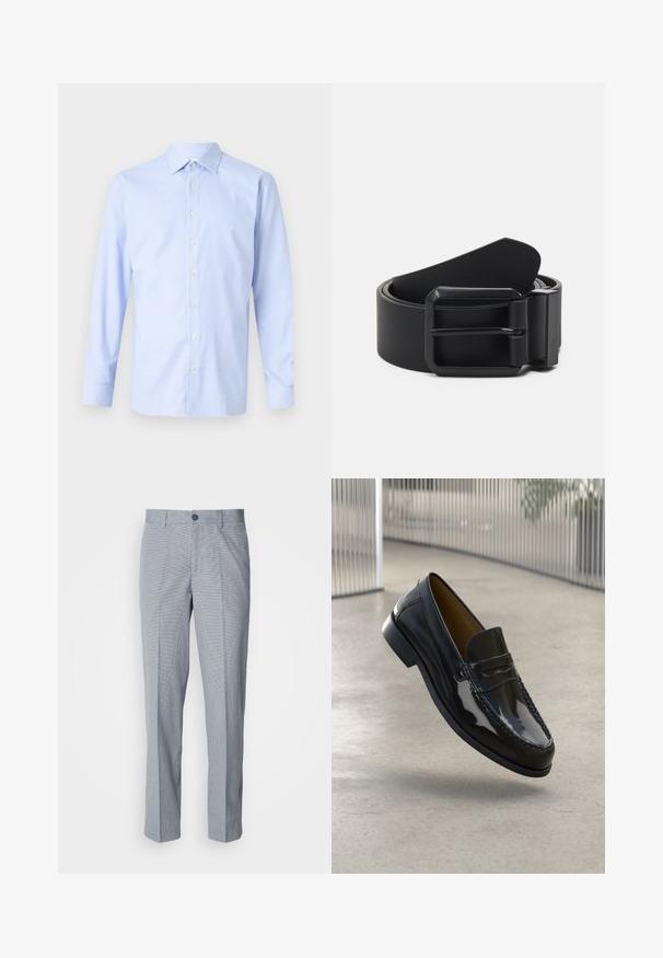Lichtblauwe shirt met lange mouwen, voorzien van een geruit patroon, knoopsluiting aan de voorkant, puntige kraag en een subtiele textuur. Perfecte pasvorm met knoopmanchetten.; Grijs geblokte broek, tailored fit, met een zachte textuur, flat front en een enkele knoopsluiting.; Zwarte gepatineerde leren instapper met een gestikt accent, ronde neus, lage hak en een glad oppervlak, uiteengezet tegen een neutrale achtergrond.; Zwarte leren riem met een matte zwarte metalen gesp, met een vlak, glad oppervlak en een taps toelopend einde. Eenvoudig ontwerp zonder versieringen.