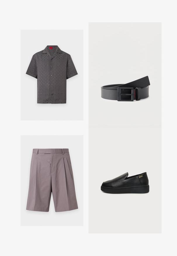 Chemise gris foncé à manches courtes avec boutons, motif chevron subtil et col camp, avec une étiquette rouge HUGO à l’intérieur de l’encolure.; Shorts violets clairs sur mesure à hauteur du genou avec passants pour ceinture, plis à l'avant et fermeture éclair dissimulée.; Chaussure noire en cuir à enfiler avec une semelle épaisse et un petit logo doré "Hugo" sur le côté du talon, montrée de profil sur un fond neutre.; Ceinture en cuir noir enroulée, avec une boucle rectangulaire noire mate et un détail de couture rouge subtil près de la boucle.
