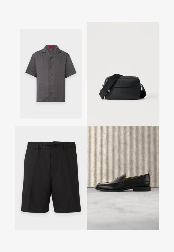 Chemise gris foncé à manches courtes avec boutons, motif chevron subtil et col camp, avec une étiquette rouge HUGO à l’intérieur de l’encolure.; Shorts noirs mi-longues avec une ceinture ajustable et passants, présentant une coupe droite et épurée.; Mocassin pour homme en cuir noir avec un dessus embossé effet croco et un petit talon, présenté de profil sur un fond neutre.; Sac bandoulière en cuir noir texturé avec poche avant zippée et bandoulière large en tissu réglable sur fond blanc.