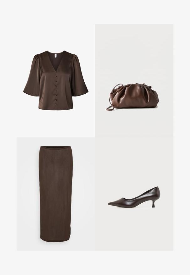 Blouse en satin brun avec des manches bouffantes aux coudes, col en V et une rangée de boutons recouverts à l'avant.; Jupe marron, à mi-mollet, ajustée avec une texture lisse et un léger brillant. Présente un ourlet arrondi et une fente latérale discrète pour plus de facilité de mouvement.; Escarpin en cuir marron foncé à bout pointu avec petit talon incurvé sur fond blanc.; Sacoche en cuir marron doux avec un haut froncé et une fine bandoulière, posée sur un fond blanc.