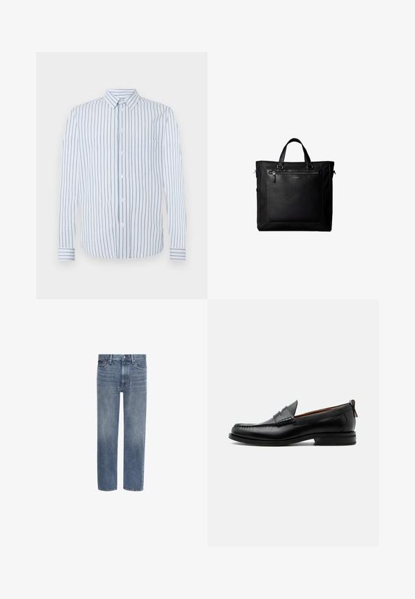 Stribet skjorte med lodrette lyseblå og hvide striber, knaplukning foran og en enkelt brystlomme. Lange ærmer med knapmanchetter.; Blå straight-leg denim jeans med forlommer, bæltestropper og knaplukning.; Sort læder herre loafer med moc-tå syning, penny strop, struktureret krave og lav stablet hæl på hvid baggrund.; Sort taske med dobbelte håndtag, stor læderlomme foran med lynlås og diskret Calvin Klein-logo midt på lommen.