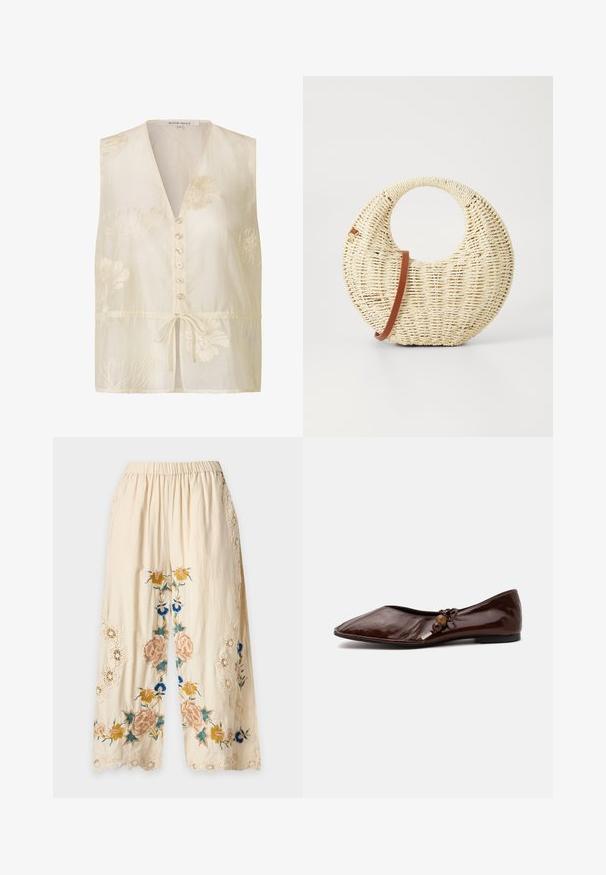 Blouse sans manches de couleur crème avec broderie florale, boutons à l'avant et cordon de serrage à la taille.; Pantalon large crème avec taille élastique, broderie florale jaune, bleue et rose, et détails en dentelle sur les côtés et les ourlets.; Chaussure plate pointue en cuir marron foncé avec un nœud décoratif et des perles en bois sur le côté, sur fond blanc.; Sac à main tressé rond en paille naturelle avec une finition texturée. Dispose d'une bandoulière en cuir marron lisse et d'une poignée circulaire.