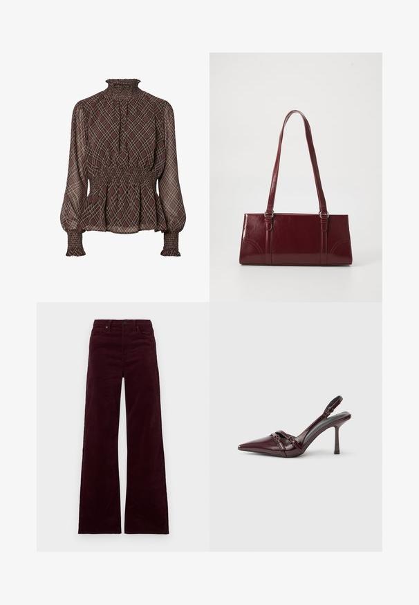 Blouse à carreaux marron avec un col et des poignets froncés, en tissu léger et silhouette péplum. Motif à carreaux distinctif sur tout le vêtement.; Pantalon large en velours côtelé bordeaux à taille haute, doté d'une fermeture éclair, d'un bouton et de poches latérales. Texture lisse avec des côtes verticales.; Escarpin slingback en cuir verni bordeaux avec bout pointu, fine bride à la cheville et petit détail décoratif de boucle. Texture lisse et talon haut.; Sac à main bordeaux en matériau brillant, de forme rectangulaire, avec deux anses et des accents légèrement courbés à l'avant.