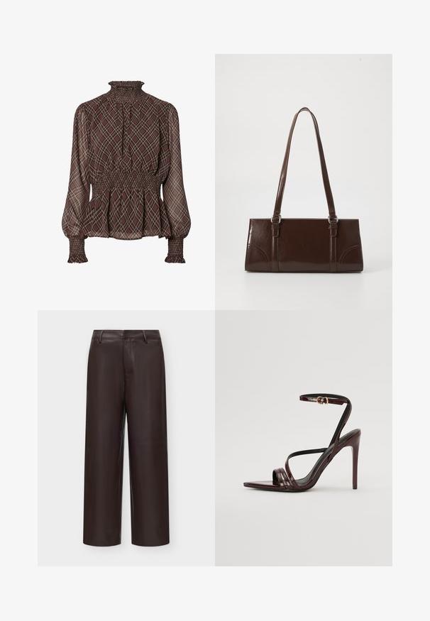 Blouse à carreaux marron avec un col et des poignets froncés, en tissu léger et silhouette péplum. Motif à carreaux distinctif sur tout le vêtement.; Pantalon large en simili cuir marron foncé avec passants de ceinture et détail de couture avant sur fond clair.; Sandale à talons hauts en cuir verni bourgogne avec une bride de cheville, bout pointu et trois bandes horizontales sur le pied. Détail de boucle dorée.; Sac à main en cuir verni marron de forme rectangulaire, avec deux longues poignées et des accents courbés subtils à l'avant.
