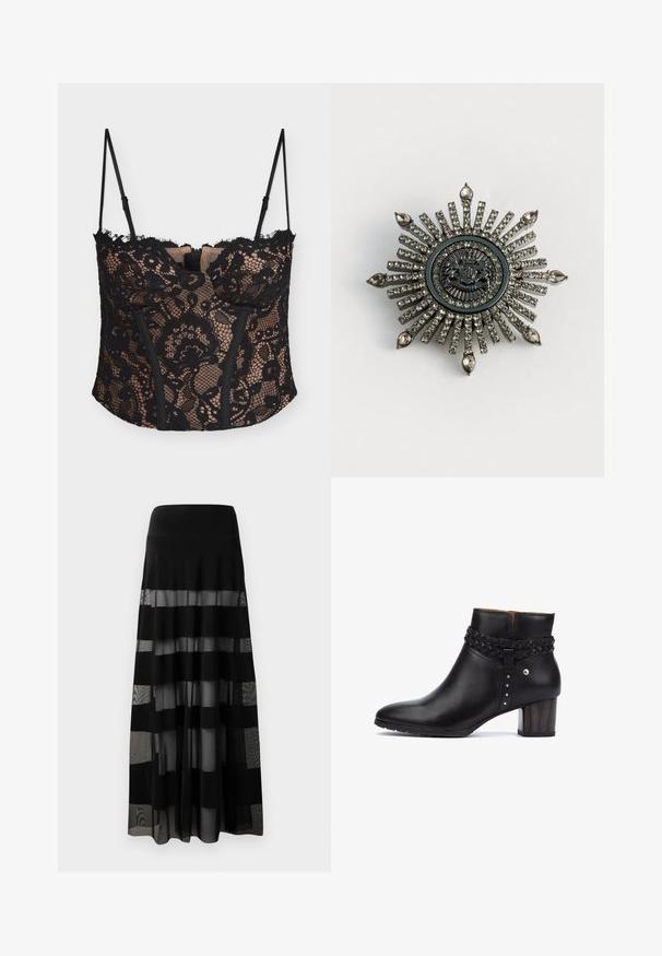 Haut style corset en dentelle noire avec motif floral, doublure couleur nude, bretelles fines réglables et panneaux avant structurés.; Jupe maxi noire avec une taille ajustée, comportant des panneaux transparents et des rayures opaques. Tissu léger avec une texture lisse.; Pikolinos CALAFAT - Boots à talons - black; Broche en forme d'étoile en métal argenté avec des strass clairs. Le design central présente un emblème circulaire avec des détails délicats.