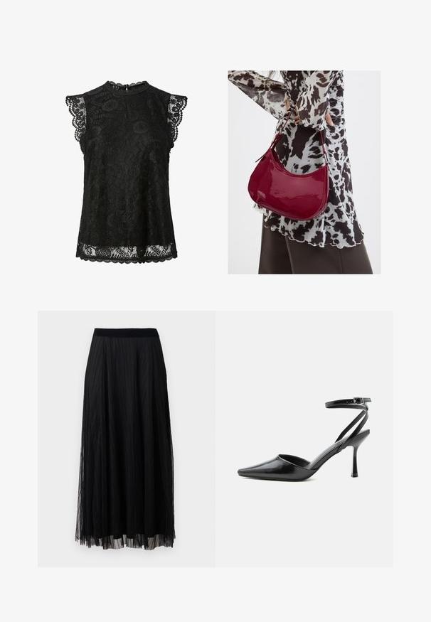Blusa de encaje negra sin mangas con patrones florales, bordes en forma de ondas y un pequeño cierre de botón en la parte trasera del escote.; Falda maxi plisada negra con un diseño texturizado, que cuenta con una cinturilla suave y una fabricación en capas de tela transparente para una silueta fluida.; Zapato de tacón alto negro de punta fina con delgadas correas en el tobillo y cierre de hebilla plateada sobre un fondo liso claro.; Mujer con blusa de estampado en blanco y negro sosteniendo un bolso de hombro rojo brillante sobre un fondo liso.