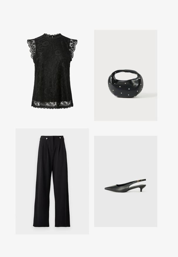 Schwarze ärmellose Spitzenbluse mit Blumenmustern, gewellten Rändern und einem kleinen Knopfverschluss am hinteren Halsausschnitt.; Schwarze weite Hose mit glatter Textur, hoher Taille, vorderen Falten und metallischen Knopfakzenten.; Schwarzer Slingback-Schuh mit spitzem Zehenbereich aus glattem Leder. Mit einem dünnen Absatz und einer dekorativen Schnalle am verstellbaren Riemen.; Schwarze Lederhandtasche mit abgerundeter Form, verziert mit silbernen Nietenakzenten und kurzem Griff. Glatte Struktur und Reißverschlussverschluss.