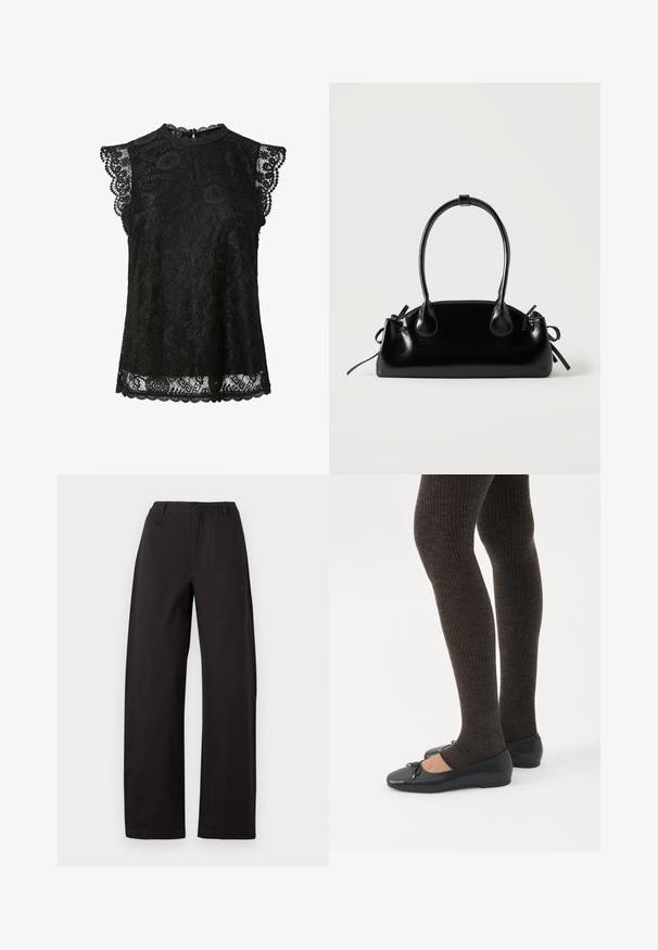 Schwarze ärmellose Spitzenbluse mit Blumenmustern, gewellten Rändern und einem kleinen Knopfverschluss am hinteren Halsausschnitt.; Schwarze weit geschnittene Hosen mit hoher Taille, geradem Schnitt und glatter Textur. Keine sichtbaren Muster oder Beschläge.; Beine in dunklen, gerippten Leggings kombiniert mit schwarzen Ballerinas mit kleinen Schleifendetails auf weißem Hintergrund.; Kleine schwarze glänzende Handtasche mit zwei langen Griffen und seitlichen Kordelzug-Details vor einfachem hellem Hintergrund.