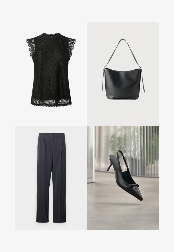 Schwarze ärmellose Spitzenbluse mit Blumenmustern, gewellten Rändern und einem kleinen Knopfverschluss am hinteren Halsausschnitt.; Maßgeschneiderte dunkelgraue Hose mit geradem Schnitt, plisseeartiger Vorderseite und glatter Textur, ohne sichtbare Verzierungen oder Muster.; Schwarzer, strukturierter Leder-Slingback-Hochschuh mit spitzer Spitze und einer kleinen dekorativen Schnalle, der über einem glatten Boden zu schweben scheint.; Schwarze Lederschultertasche mit einem einzelnen breiten Riemen und dezenten silbernen Beschlägen vor weißem Hintergrund.