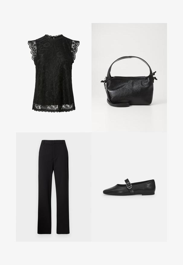 Blouse noire sans manches en dentelle avec motifs floraux, bords festonnés et une petite fermeture par bouton au niveau de la nuque.; Pantalon noir ajusté, design à jambe droite, tissu lisse avec une texture subtile, doté d'une ceinture standard et sans poches visibles.; Chaussure plate en cuir noir avec un bout arrondi, une seule sangle réglable à boucle et une texture lisse et brillante. Design minimaliste avec un petit talon.; Sac à main en cuir noir au design structuré, avec une poignée arrondie et une bandoulière amovible. Présente une texture lisse et un éclat subtil.