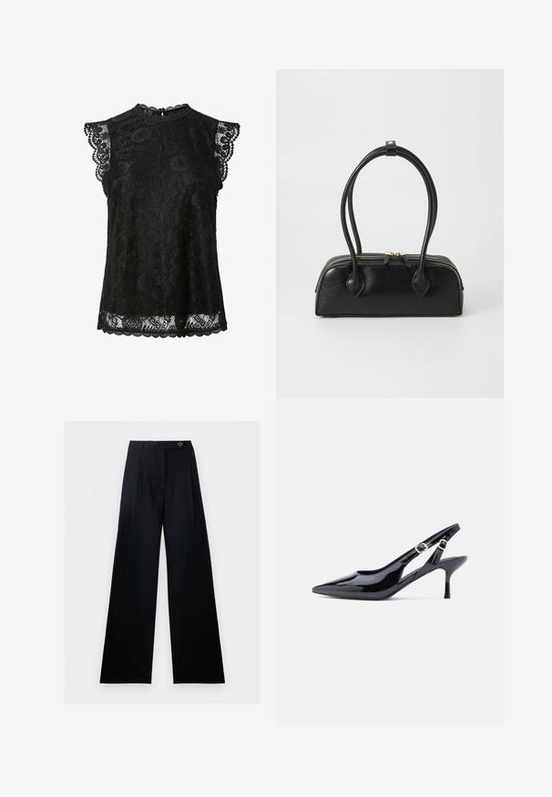 Schwarze ärmellose Spitzenbluse mit Blumenmustern, gewellten Rändern und einem kleinen Knopfverschluss am hinteren Halsausschnitt.; Schwarze, weit geschnittene Anzughose mit hoher Taille, vorderem Knopfverschluss und Gürtelschlaufen, vor weißem Hintergrund dargestellt.; Schwarzer Slingback-Schuh aus Lackleder mit spitzer Spitze, verstellbarem Schnallenriemen und schlankem, hohem Absatz. Verfügt über seitliche offene Ausschnittdesigns.; Schwarze Lederhandtasche mit zwei verlängerten Griffen, Reißverschluss und runder Form; glatte Textur mit subtiler glänzender Oberfläche.