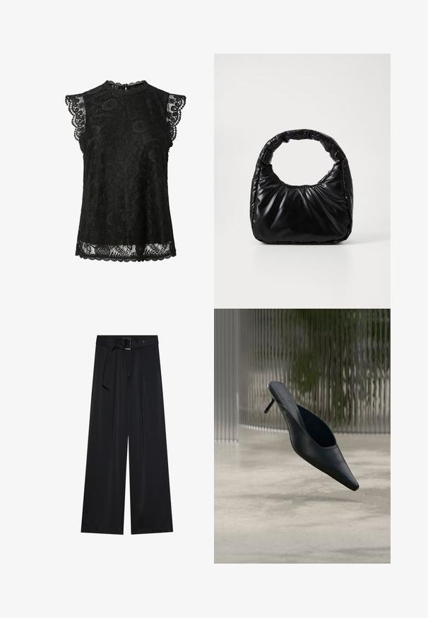 Blusa de encaje negra sin mangas con patrones florales, bordes en forma de ondas y un pequeño cierre de botón en la parte trasera del escote.; Pantalones de pierna ancha negros, confeccionados en una tela suave, que presentan una cintura alta con un cinturón y detalles de lazo, y pliegues frontales prominentes.; Zapato mule negro de punta fina con tacón alto y delgado flotando sobre un suelo de hormigón liso, con un fondo desenfocado de rayas verticales.; Bolso negro acolchado con un asa redondeada, que presenta una superficie lisa y brillante y una textura suave y acolchada. Sin herrajes ni acentos visibles.