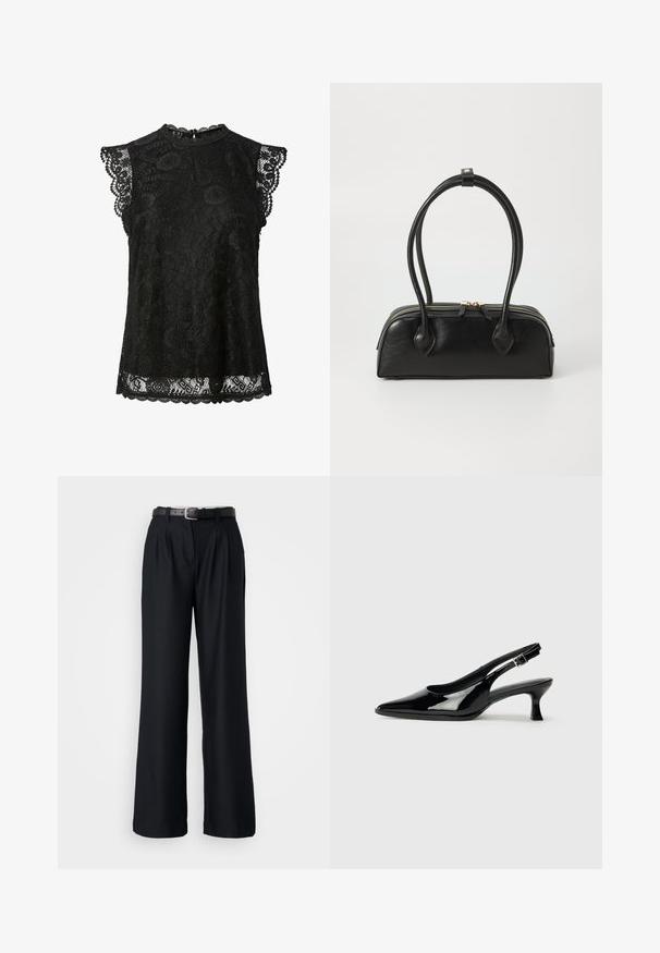 Schwarze ärmellose Spitzenbluse mit Blumenmustern, gewellten Rändern und einem kleinen Knopfverschluss am hinteren Halsausschnitt.; Schwarze weit geschnittene Hose aus glattem Stoff, mit vorderen Falten und einem passenden schwarzen Gürtel mit einer silbernen Schnalle.; Schwarze Lackleder Slingback-Schuhe mit spitzem Zehenbereich und niedrigem Blockabsatz. Verstellbarer Riemen mit Schnalle am Knöchel.; Schwarze Lederhandtasche mit zwei verlängerten Griffen, Reißverschluss und runder Form; glatte Textur mit subtiler glänzender Oberfläche.
