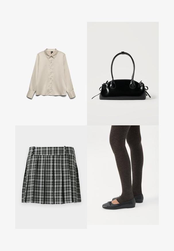 Lys beige langærmet blouse lavet af glat stof, med spidse kraver, fuld knaplukning og enknapsmanchetter.; Sort-hvidt ternet plisseret nederdel med en glat talje og flere lodrette folder. Fremstillet af let stof.; Ben iført mørke ribbede leggings kombineret med sorte balletsko med små sløjfedetaljer på hvid baggrund.; Lille sort blank håndtaske med to lange håndtag og snøre-detaljer i siden på en ensfarvet lys baggrund.