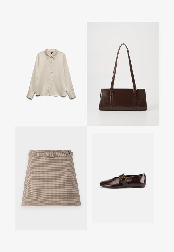 Lys beige langærmet blouse lavet af glat stof, med spidse kraver, fuld knaplukning og enknapsmanchetter.; Brune og beige houndstooth-mønstrede shorts med bælte i taljen og rene linjer, skræddersyet struktur og glat stofstruktur.; Mørkebrun laklædersko med stor guldlås og rund tå, vist i sideprofil på hvid baggrund.; Brun lakeret håndtaske med rektangulær form, to lange håndtag og subtile buede detaljer på fronten.