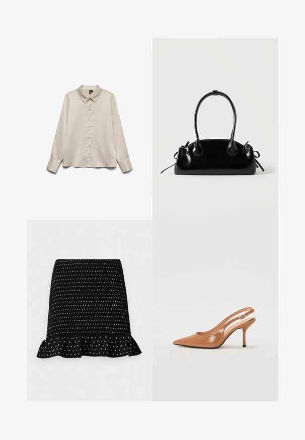 Lichtbeige blouse met lange mouwen van gladde stof, met een puntige kraag, volledige knoopsluiting en manchetten met één knoop.; Zwarte minirok met witte polkadots, gerimpelde textuur en gerufflede zoom tegen een effen lichte achtergrond.; Puntige slingback hak in een glad, glanzend beige materiaal. Bevat een gebogen uitsnijdontwerp en een slanke stiletto hak. Zilveren gesp detail.; Kleine zwarte glanzende handtas met twee lange hengsels en zijkant trekkoord details op een effen lichte achtergrond.