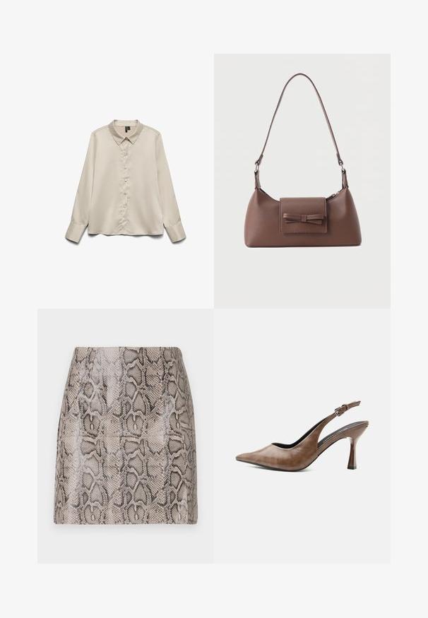 Lys beige langærmet blouse lavet af glat stof, med spidse kraver, fuld knaplukning og enknapsmanchetter.; En tætsiddende miniskørt med en blank, struktureret faux slangeskindsprint i nuancer af beige og sort, med en glat overflade og uden synlige lukninger.; Brun lædersandal med høj hæl, spids tå, justerbar rem med spænde og slank tilspidset hæl.; Brun skuldertaske i læder med en frontlomme med klap, der har en sydd sløjfedetalje, og en justerbar rem.