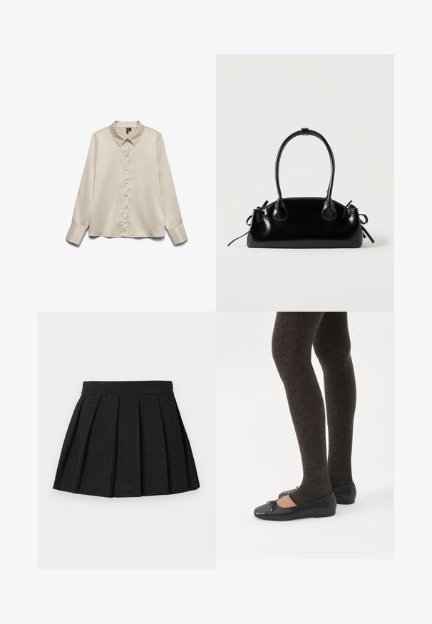 Blusa de manga larga color beige claro hecha de tejido suave, con cuello puntiagudo, cierre de botones completo y puños de un botón.; Falda corta de pliegues negra hecha de tela texturizada. Presenta una cinturilla y un sutil patrón de cuadros en toda la prenda. Longitud corta con pliegues en capas.; Piernas con leggings oscuros acanalados combinados con bailarinas negras que presentan pequeños detalles de lazo sobre un fondo blanco.; Pequeño bolso negro brillante con dos asas largas y detalles de cordón lateral sobre un fondo claro liso.