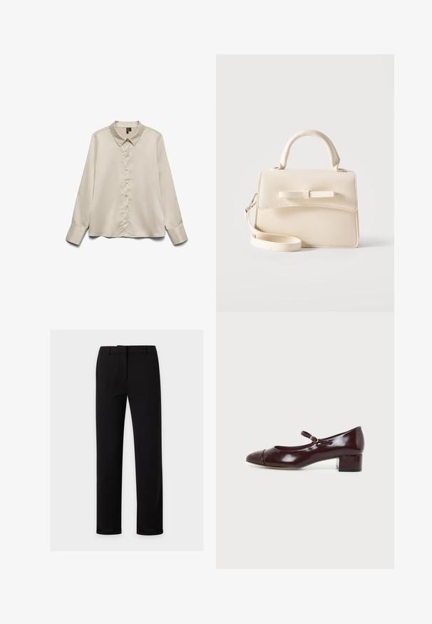 Blusa de manga larga color beige claro hecha de tejido suave, con cuello puntiagudo, cierre de botones completo y puños de un botón.; Pantalones negros de corte recto con trabillas para cinturón, cremallera frontal y una cintura lisa, mostrados sobre un fondo claro y liso.; Zapato Mary Jane de charol burdeos oscuro con tacón bajo y bloque y una pequeña correa con hebilla redonda sobre el empeine.; Pequeño bolso beige con asa superior, correa desmontable, solapa frontal y lazo decorativo horizontal sobre un fondo liso.