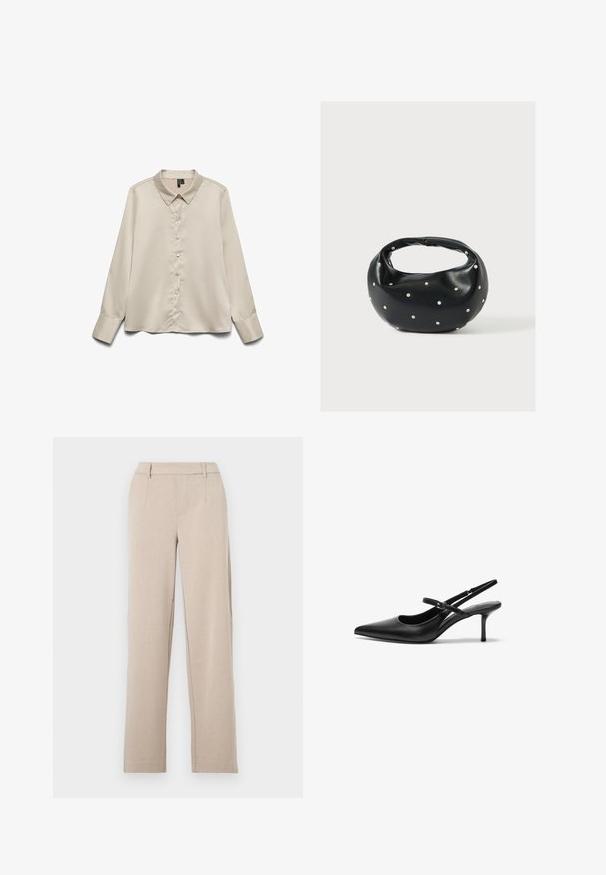 Lys beige langærmet blouse lavet af glat stof, med spidse kraver, fuld knaplukning og enknapsmanchetter.; Beige skræddersyede bukser med lige ben, glat tekstur, forlommer og bæltestropper. Fremstillet af et let stof.; Sorte læder slingback hæle med spids tå, slank justerbar rem og en stiletto hæl på cirka 5 cm, glat tekstur.; Sort læderhåndtaske med en rundet form, dekoreret med sølvnitter, og et kort håndtag. Glat tekstur og lynlåslukning.
