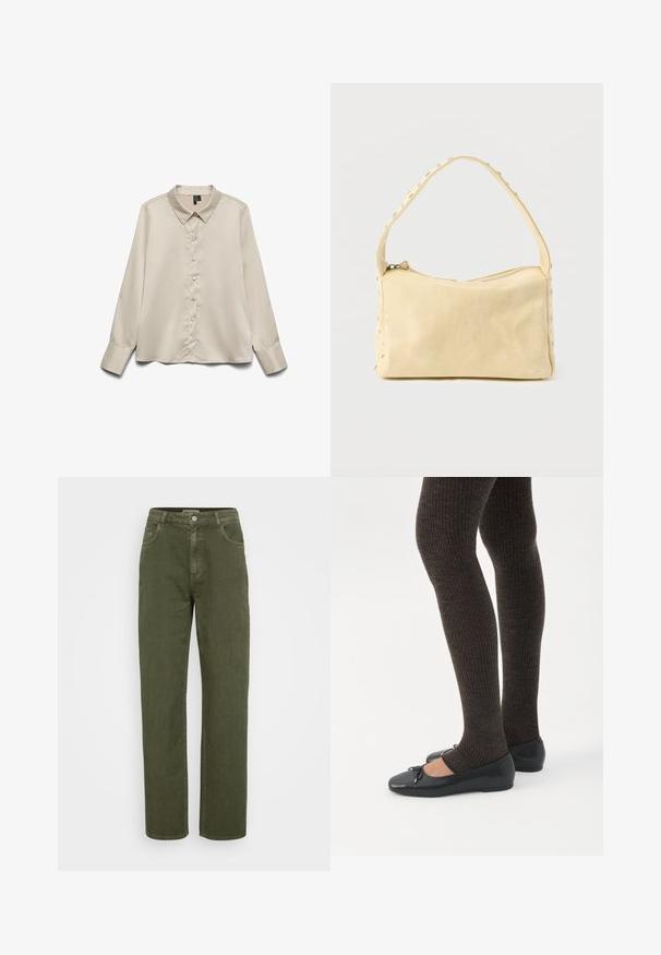 Lys beige langærmet blouse lavet af glat stof, med spidse kraver, fuld knaplukning og enknapsmanchetter.; Olivengrønne denim jeans med høj talje, lige ben, fem lommer og metalknaplukning. Glat tekstur, afslappet stil.; Ben iført mørke ribbede leggings kombineret med sorte balletsko med små sløjfedetaljer på hvid baggrund.; Lille beige læderhåndtaske med en enkelt rem og sølvnitter langs kanterne og remmen, sat mod en ensfarvet baggrund.