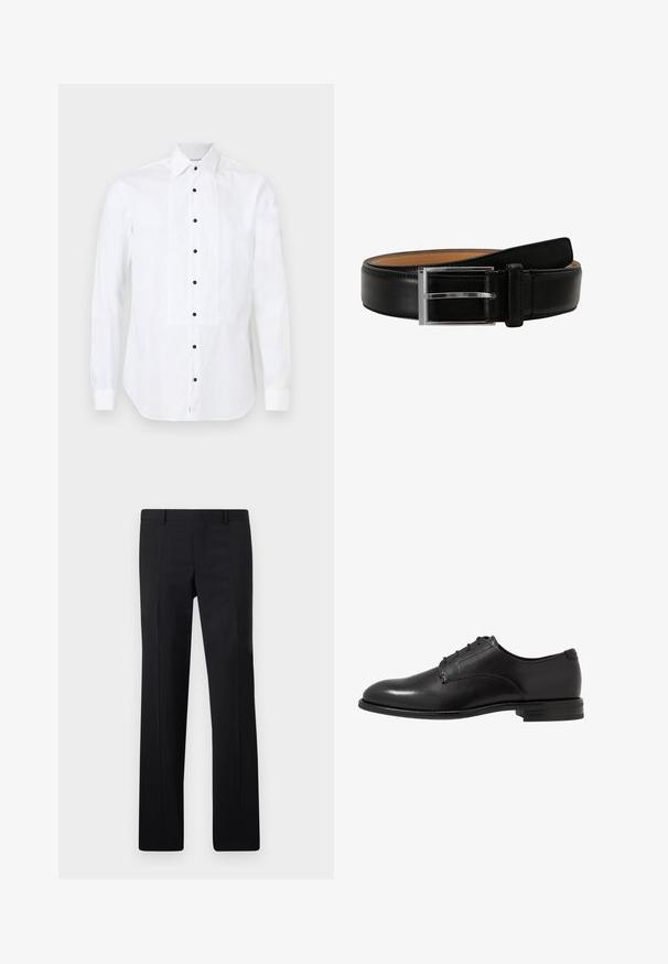 Chemise blanche à manches longues avec panneau avant plissé et boutons noirs, dotée d'un col pointu et de poignets boutonnés.; Pantalons noirs ajustés avec une coupe droite, des plis marqués et une finition lisse. Fabriqués en tissu léger avec une taille nette.; Chaussure de ville en cuir noir avec une finition lisse, bout arrondi, six œillets et un talon bas empilé. Design simple et classique.; Ceinture en cuir noir avec une boucle rectangulaire en argent, présentant une texture lisse et une doublure contrastante en cuir beige à l'intérieur.