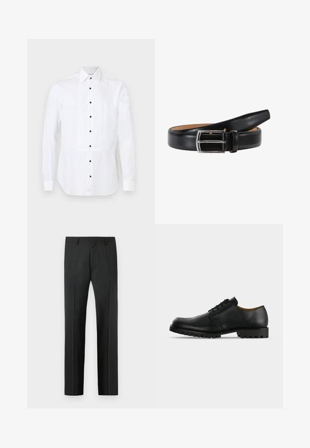 Chemise blanche à manches longues avec panneau avant plissé et boutons noirs, dotée d'un col pointu et de poignets boutonnés.; Pantalon habillé noir sur mesure avec passants de ceinture et un pli devant, présenté sur un fond gris clair.; Chaussure de ville noire en cuir à lacets avec une semelle épaisse et rainurée et un petit talon, présentée sur fond blanc.; Belt en cuir noir avec une texture lisse, doté d'une boucle rectangulaire en argent et d'une doublure intérieure beige. L'extrémité est effilée pour un aspect élégant.
