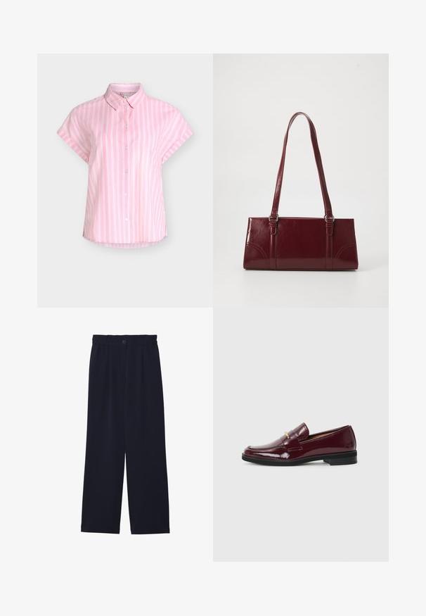 Chemise rose à manches courtes avec des rayures blanches verticales, une patte de boutonnage sur le devant et un col pointu, présentée sur un fond uni.; Pantalons large bleu marine avec une texture lisse, taille élastique, pli avant unique et fermeture à bouton à la taille.; Mocassins en cuir verni bordeaux à bout rond, avec une sangle décorative et un accent doré, montés sur une semelle en caoutchouc noire.; Sac à main bordeaux en matériau brillant, de forme rectangulaire, avec deux anses et des accents légèrement courbés à l'avant.