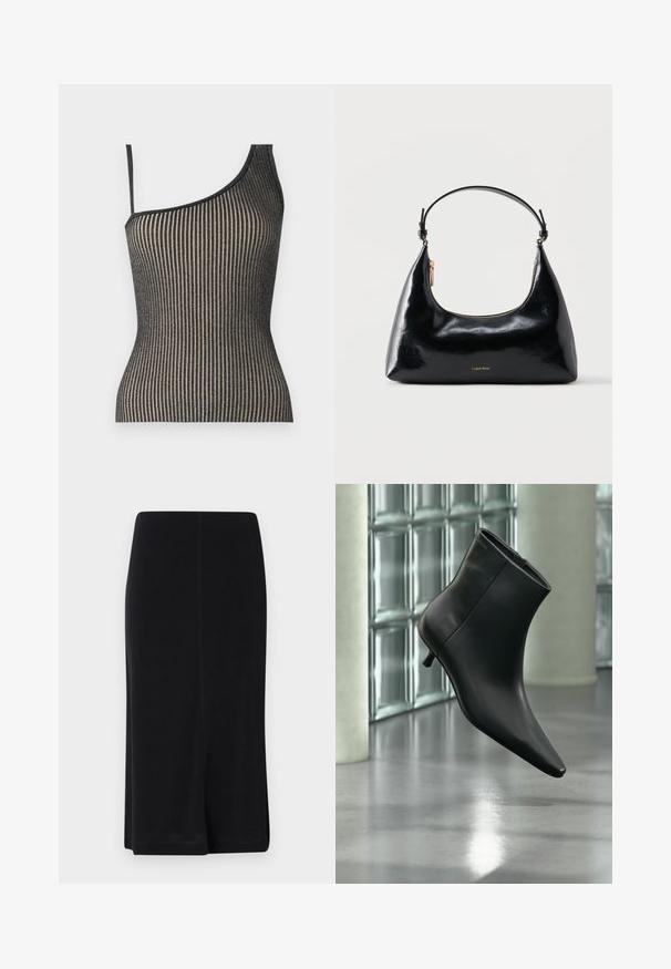 Een one-shoulder top met een ribbelontwerp in zwart en goud met dunne bandjes, met een getailleerde pasvorm en subtiele glans.; Zwarte knielange rok van gladde stof, met een rechte silhouette, eenvoudig ontwerp en zijsplitten voor bewegingsgemak.; Zwarte leren enkellaars met spits toelopende neus en lage kittenhak, schuin weergegeven tegen een gepolijste vloer en een glazen blokken muur als achtergrond.; Zwarte glanzende Calvin Klein handtas met gouden rits en korte band tegen een effen witte achtergrond.