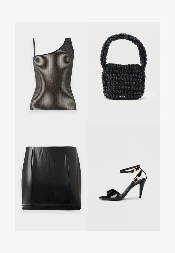 Ein einseitig tragendes Oberteil mit einem gerippten Design in Schwarz und Gold, versehen mit dünnen Trägern. Es hat eine figurnahe Passform und einen sanften Glanz.; Schwarzer Kunstleder-Minirock mit Frontpaneel-Nähten und leichtem Glanz, flach auf einem neutralen Hintergrund ausgelegt.; Schwarze, lackierte High-Heeled-Sandalen mit doppelten Knöchelriemen und goldenen Schnallen, Zehen offen und schlankem, spitz zulaufendem Absatz auf neutralem Hintergrund.; Kleine schwarze gesteppte Handtasche mit kurzem, gepolstertem Henkel und "HUGO"-Label auf der Vorderseite, vor einem schlichten hellen Hintergrund präsentiert.