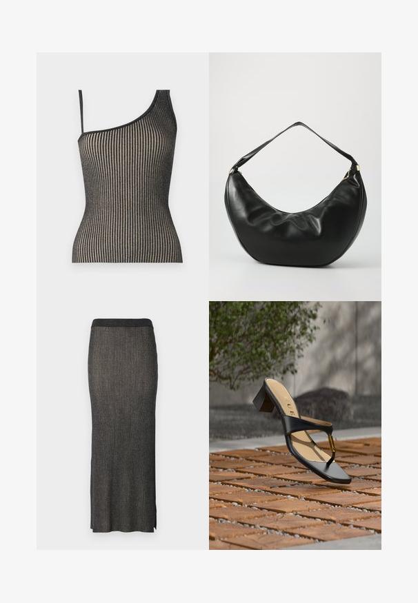 Ein einseitig tragendes Oberteil mit einem gerippten Design in Schwarz und Gold, versehen mit dünnen Trägern. Es hat eine figurnahe Passform und einen sanften Glanz.; Strick-Midirock in Dunkelgrau mit vertikaler Rippstruktur, eng anliegender Silhouette und Schlitzen am Saum für Bewegungsfreiheit. Weicher, strukturierter Stoff.; Schwarze Sandalette mit Absatz, Zehenschlaufe und goldenem Akzent, auf einer Holz- und Steinpflasteroberfläche im Freien nahe Grünflächen platziert.; Schwarze Leder-Schultertasche mit geschwungener Form, weicher Textur und einem einzelnen Riemen; verfügt über einen goldenen Reißverschluss und dezente Markenkennzeichnung.