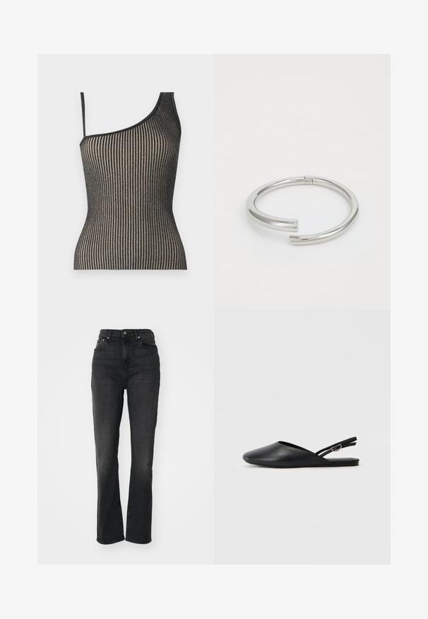 Een one-shoulder top met een ribbelontwerp in zwart en goud met dunne bandjes, met een getailleerde pasvorm en subtiele glans.; Hoge zwarte denim jeans met rechte pijpen, vijf-pocket ontwerp, sluiting met een knoop aan de voorkant en minimale stikseldetails.; Zwarte leren slingback schoenen met een puntige neus, gebogen ontwerp en verstelbare gesp. Glad textuur, platte zool, minimale details.; Calvin Klein SPIRAL - Armband - silver-coloured