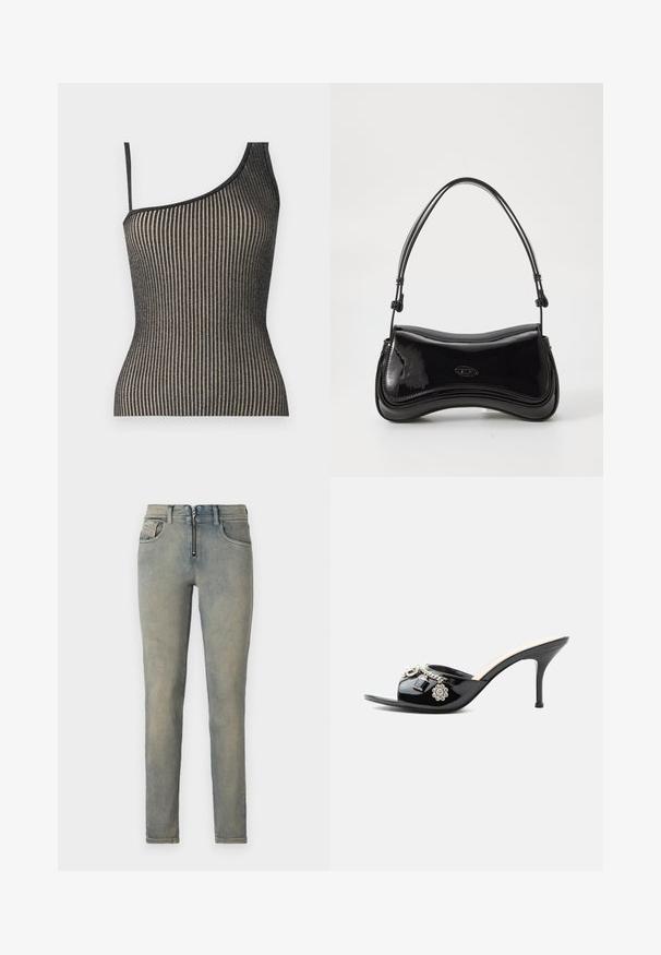 Ein einseitig tragendes Oberteil mit einem gerippten Design in Schwarz und Gold, versehen mit dünnen Trägern. Es hat eine figurnahe Passform und einen sanften Glanz.; Schmale Jeans aus hellblauem Denim mit einem Reißverschluss vorne, fünf Taschen und einem ausgewaschenen Look mit subtilen Farbvariationen.; Schwarzer Lackleder High-Heel Mule mit offenem Zehenbereich und dekorativen silbernen Anhängern, darunter eine Blume und ein Vorhängeschloss am vorderen Riemen.; Schwarze Handtasche aus lackiertem Leder mit einer geschwungenen Form, einem einzelnen Griff und einem runden Boden. Verfügt über ein dezentes Logo-Detail auf der Vorderseite.