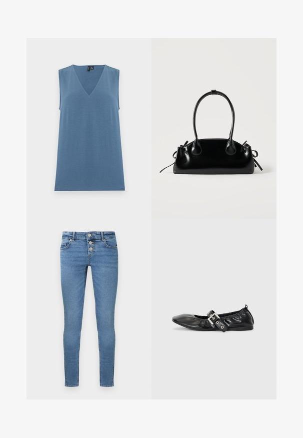 Haut bleu tricoté sans manches avec col en V, ourlet droit et texture lisse, présenté sur un fond blanc uni.; Jean skinny en denim bleu moyen, doté de trois boutons métalliques et de poches avant. Texture douce et coupe ajustée.; Chaussure plate en cuir noir avec un nez pointu, des détails froncés autour de l'ouverture et un accent en boucle argentée sur la bride ajustable.; Petit sac à main noir brillant avec deux longues anses et des détails à cordon sur les côtés sur un fond clair uni.