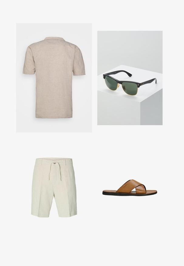 Chemise en lin beige à manches courtes avec un col, dotée d'un tissu texturé et d'un ourlet droit, sans motifs visibles ni accents.; Shorts en lin beige clair, avec taille à cordon de serrage, plis sur le devant et deux poches latérales. Texture lisse avec un design décontracté.; Sandale à glissière en cuir marron avec un design de bride croisée perforée, semelle plate en caoutchouc noir et doublure intérieure lisse.; Lunettes de soleil Ray-Ban avec des verres verts, monture en plastique noir et accents dorés sur les bords. Forme carrée avec une finition mate.