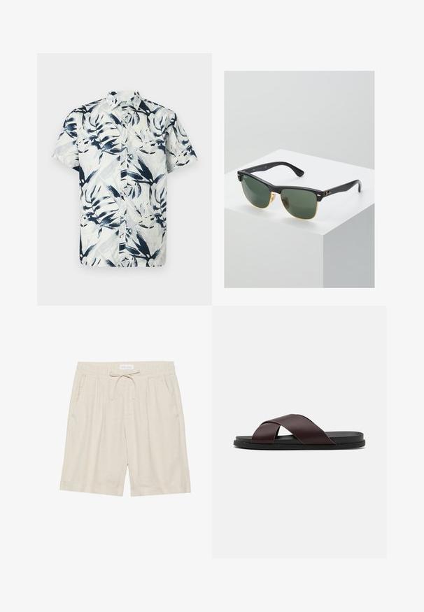 Chemise à manches courtes avec un motif de feuilles bleu et blanc, boutons sur le devant et col. Confectionnée en tissu léger et respirant.; Shorts en lin beige avec taille élastique, cordon de serrage et poches latérales. Coupe décontractée avec jambe droite et ourlet retourné.; Sandale à glissière à lanières croisées de couleur marron, dotée d'une finition mate, d'une semelle noire plate et d'une texture lisse. Design minimaliste sans matériel visible.; Lunettes de soleil Ray-Ban avec des verres verts, monture en plastique noir et accents dorés sur les bords. Forme carrée avec une finition mate.