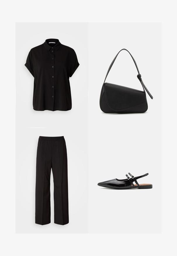 Chemise noire à manches courtes avec un devant à boutons, un col et des poignets retroussés. Fabriquée en tissu lisse avec une coupe décontractée.; Pantalons larges noirs avec un design plissé, une taille élastique et une texture de tissu lisse. Convient à diverses occasions.; Des chaussures slingbacks en cuir verni noir présentent un bout pointu, deux sangles avec des accents de boucle, et une semelle plate.; Sac à main en cuir noir de forme triangulaire, avec un rabat incliné et une poignée supérieure arrondie. Il présente une texture lisse et des détails de design minimalistes.