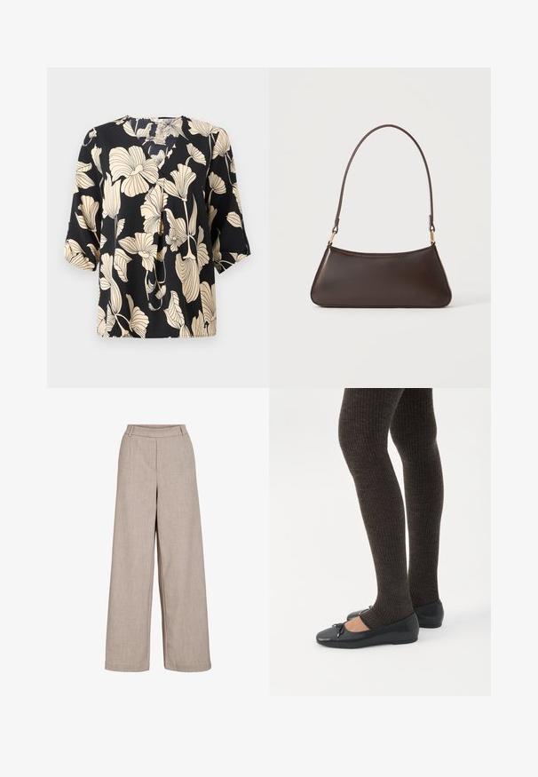 Blusa negra con un patrón floral en beige, confeccionada en tejido ligero. Tiene un corte relajado y mangas cortas con un sutil detalle de pliegue.; Pantalones anchos beige hechos de tejido liviano. Cuentan con una textura suave, una cintura ajustada y bolsillos laterales para un detalle funcional.; Piernas con leggings oscuros acanalados combinados con bailarinas negras que presentan pequeños detalles de lazo sobre un fondo blanco.; Bolso de mano de piel marrón oscura con cremallera superior curva y una correa fina para el hombro con cierres dorados sobre un fondo liso.