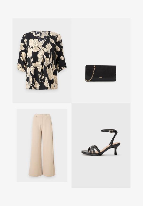 Blusa negra con un patrón floral en beige, confeccionada en tejido ligero. Tiene un corte relajado y mangas cortas con un sutil detalle de pliegue.; Pantalones beige de tiro alto y pierna ancha con trabillas para el cinturón y cierre frontal oculto sobre fondo blanco.; Sandalias negras de tacón alto con múltiples tiras finas en la parte delantera, una sola tira en el tobillo con un hebilla dorada y punta cuadrada.; Bolso de mano negro hecho de ante con un acabado texturizado, que presenta una cadena dorada y un diseño elegante y angular.