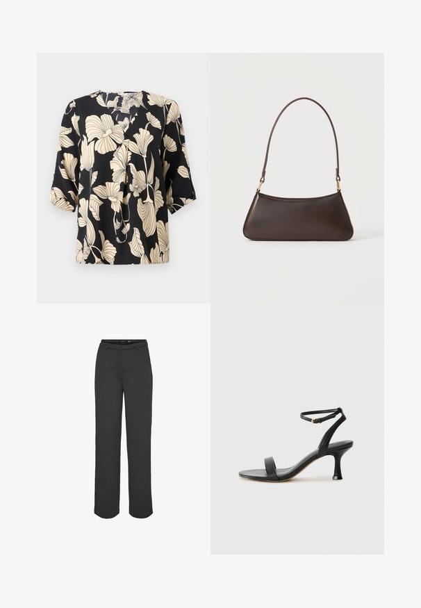 Zwarte blouse met een bloemenpatroon in beige, gemaakt van lichte stof. Het heeft een ontspannen pasvorm en korte mouwen met een subtiele plooidetail.; Donkergroene wijde broek van soepel materiaal. Voorzien van een tailleband met riemlussen, zijzakken en een rechte snit.; Zwarte leren sandaal met hak en enkelbandje, met een strak ontwerp, open neus en een taps toelopende hak voor een gestroomlijnde silhoutte.; Donkerbruine leren handtas met een gebogen bovenrits en een dunne schouderriem met gouden sluitingen op een effen achtergrond.
