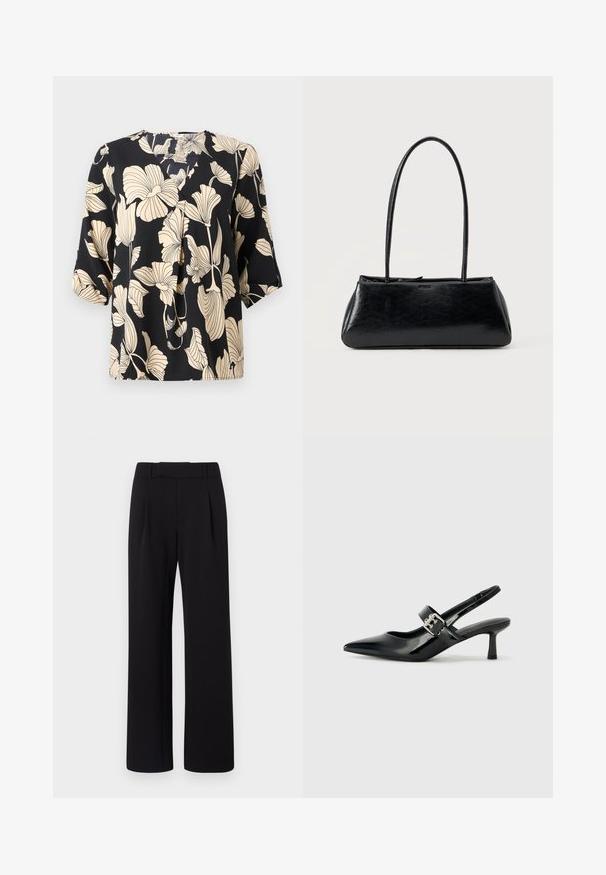 Blusa negra con un patrón floral en beige, confeccionada en tejido ligero. Tiene un corte relajado y mangas cortas con un sutil detalle de pliegue.; Pantalones negros de pierna ancha hechos de un tejido suave; cuentan con una cinturilla con pasadores para cinturón y pliegues frontales; diseño limpio y ajustado.; Zapatos de tacón en charol negro con tira al tobillo, punta afilada y un pequeño tacón bloque, que cuentan con un acento de hebilla plateada en la correa.; Bolso de hombro rectangular negro con correas largas y delgadas y una textura lisa y brillante sobre un fondo liso.